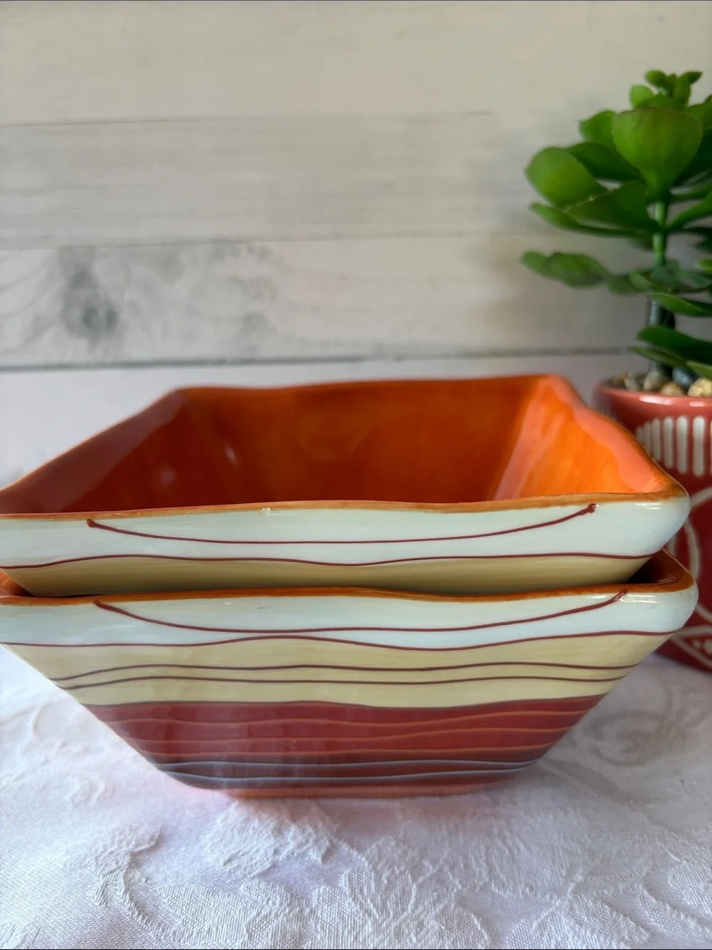 Pier 1 Square Serving Bowls in Orange and Cream Stripes